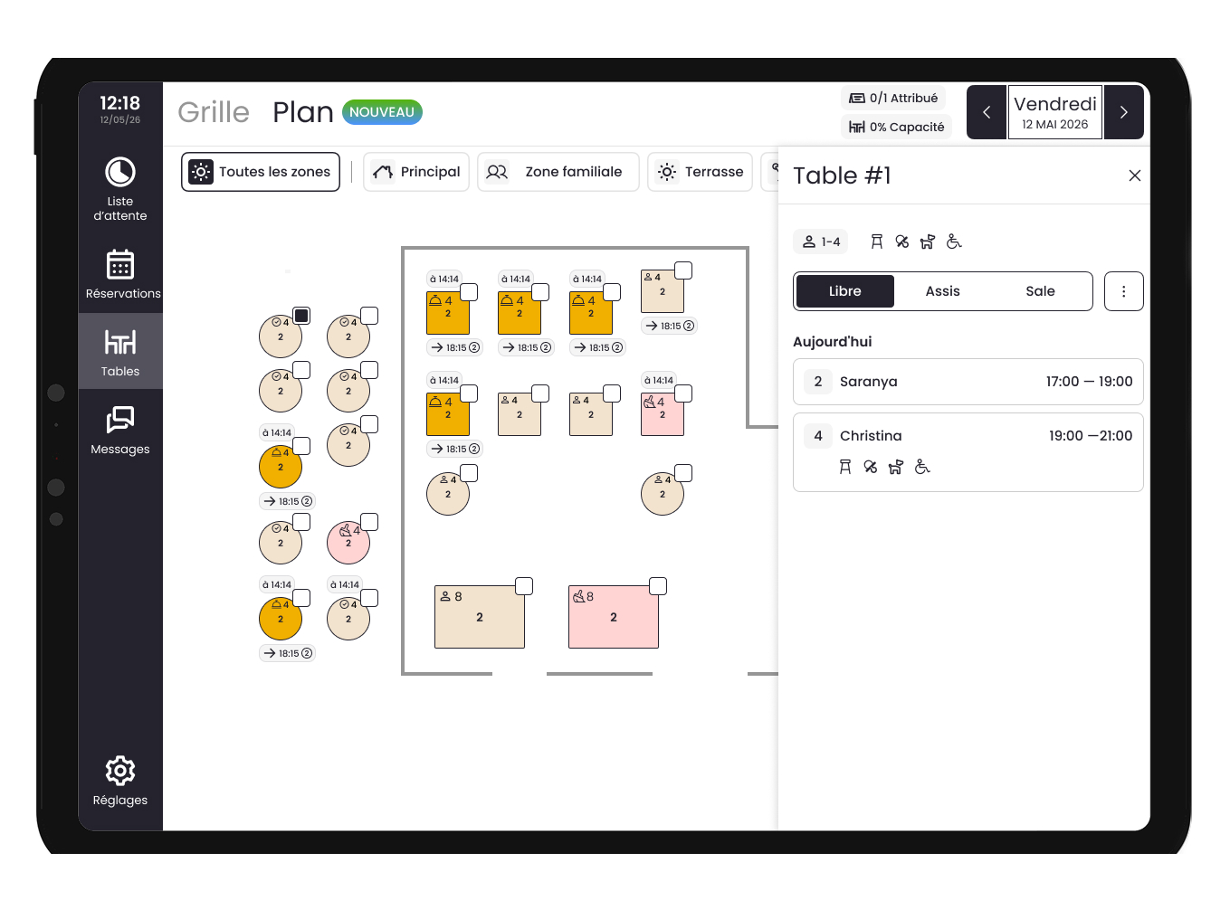Planimetria di un ristorante generata dall'AI su iPad con unione automatica dei tavoli